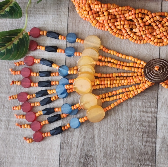 Boho Beaded Belt in Orange with Coconut Button Closures And Acrylic Bead Accents - Picture 6 of 9